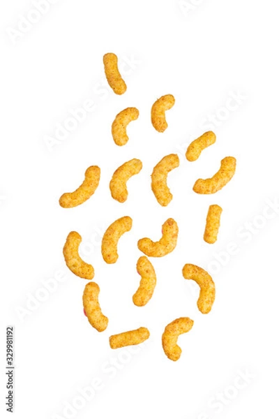 Fototapeta Puffed corn peanuts snacks isolated on white background.