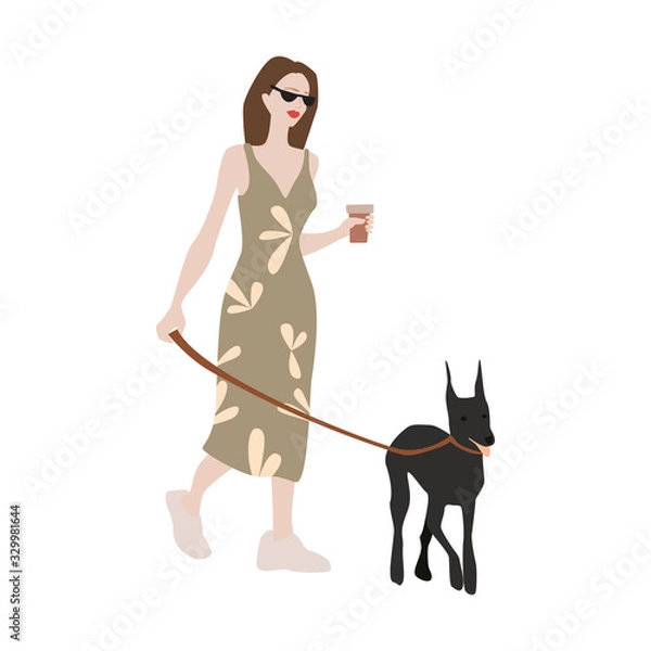 Obraz Hipster girl cartoon character on a walking with a dog doberman pinscher.Vector illustration in a flat style