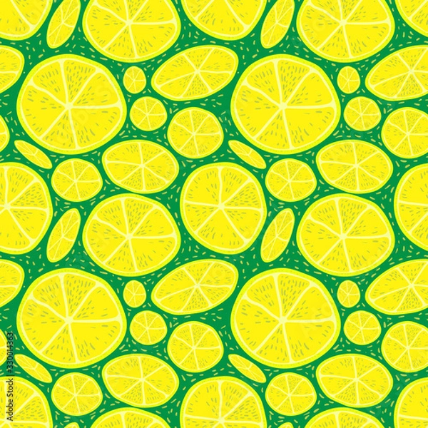 Fototapeta bright seamless pattern in cartoon style. Slice of lemon. Decor for fabric and wrapping paper decoration.