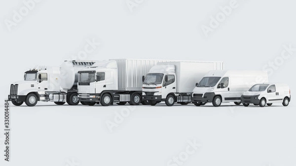 Fototapeta White Delivery Vans and Trucks in a Row on White Background 3D Rendering
