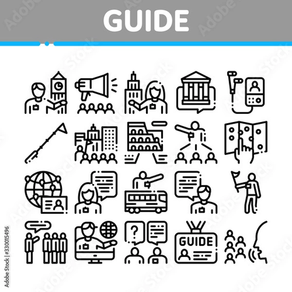 Fototapeta Guide Lead Traveler Collection Icons Set Vector. Bus And Media Player Guide, Badge And Loudspeaker, Speak And Show Landmark Tourism Concept Linear Pictograms. Monochrome Contour Illustrations