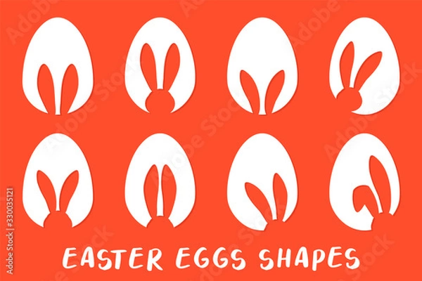 Fototapeta Easter eggs shapes with bunny ears silhouette - traditional symbol of holiday, big set. Simple eggs hunt design collection. Vector illustration for poster, card or banner.