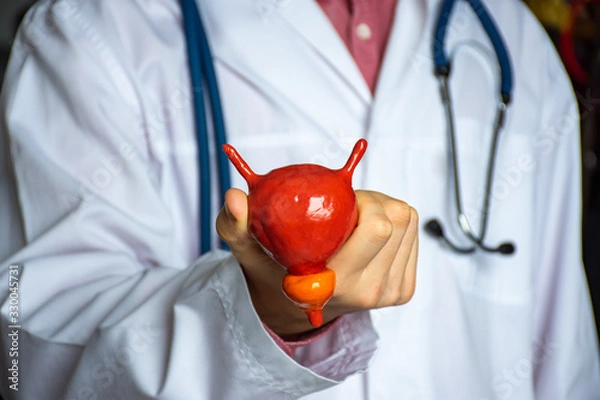 Fototapeta Concept photo of study or diagnosis in urology. Doctor in white holds in his hand model of human urinary bladder with prostate, showing patient looks like the organ itself and its normal anatomy