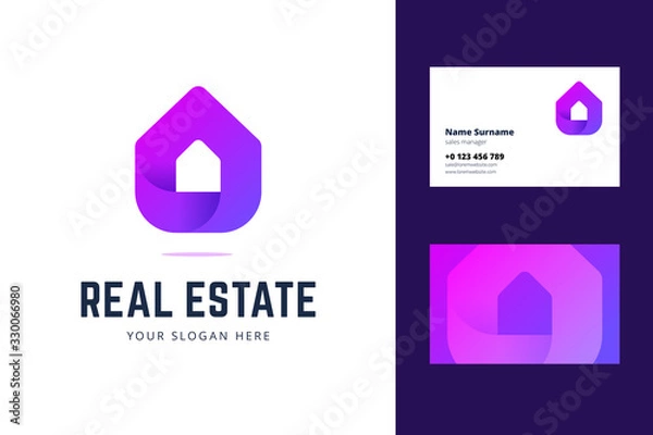 Fototapeta Logo and business card template for real estate, house rental services. Simple geometric house symbol in modern gradient line style. Vector illustration.
