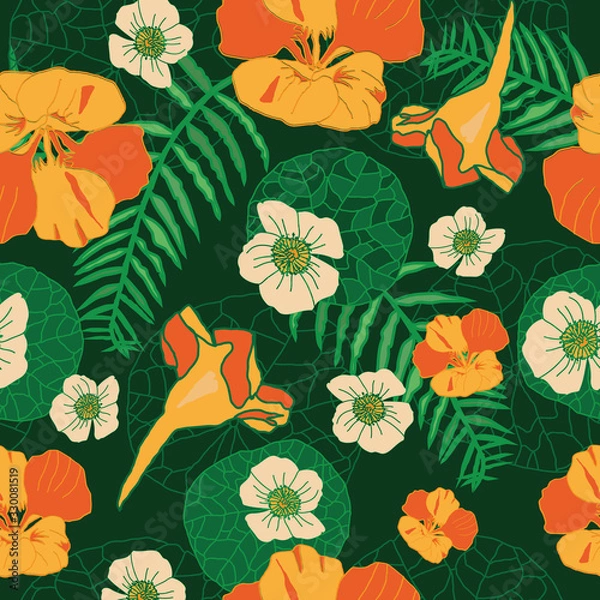 Obraz Nasturtium Garden-Flowers in Bloom seamless repeat pattern Background in yellow,orange,white and green