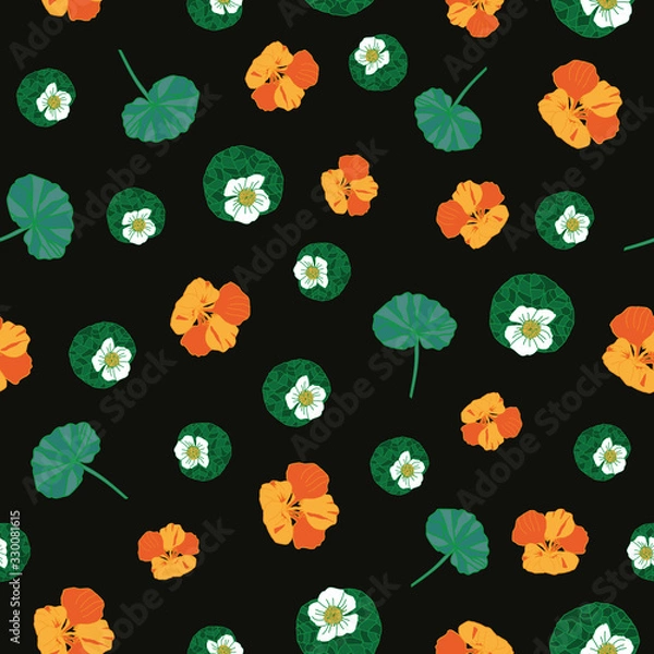 Obraz Nasturtium Mights-Flowers in Bloom seamless repeat pattern Background in yellow,orange,white and green