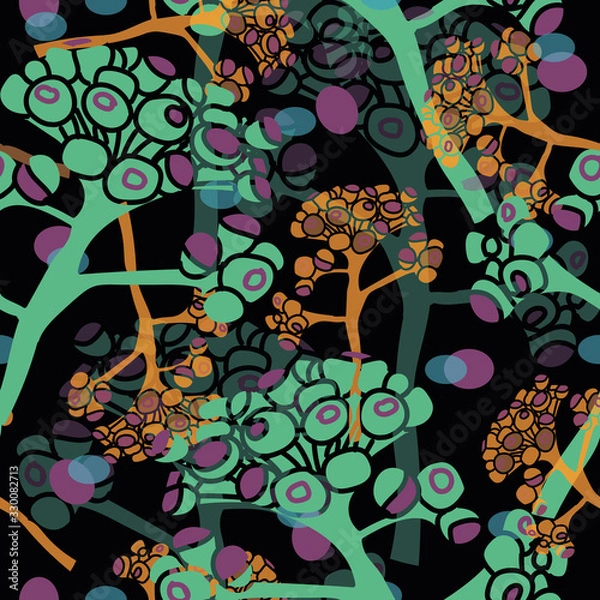 Obraz Modern Buds-Flowers in Bloom seamless repeat pattern background in yellow,purple,green,petrol blue& black