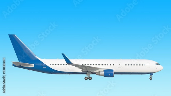 Fototapeta modern airplane side view isolated on blue sky background Passenger jet plane with gear extended Commercial aircraft blue tail paint scheme Luxury business jet flying in air Aviation design reference