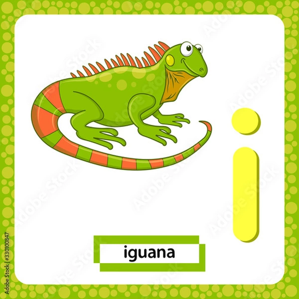 Fototapeta Letter I lowercase with cute cartoon Green Iguana lizard isolated on white background. Funny colorful flashcard Zoo and animals ABC alphabet. Education card for kids learning English vocabulary.Vector