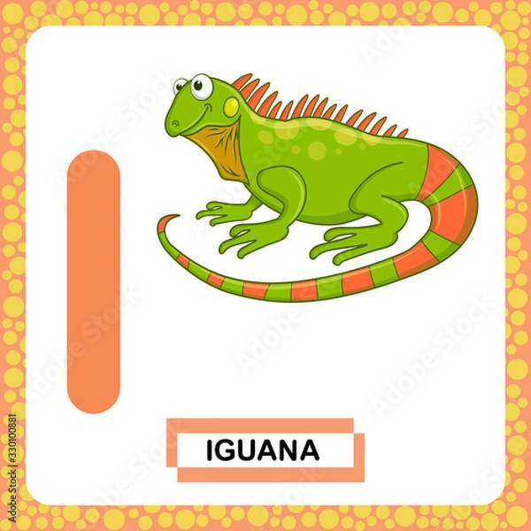 Fototapeta Letter I uppercase with cute cartoon Green Iguana lizard isolated on white background. Funny colorful flashcard Zoo and animals ABC alphabet. Education card for kids learning English vocabulary.Vector