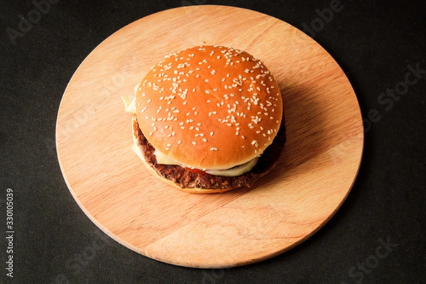 Obraz burger, hamburger, on a wooden board, fast food