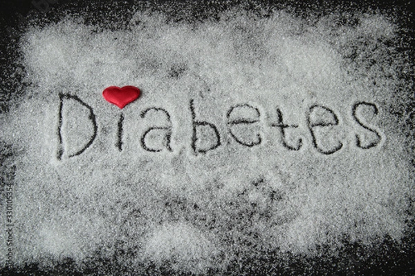 Obraz the word diabetes, sugar written on a black background with a red heart