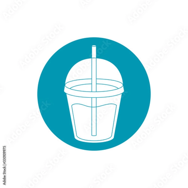 Obraz drinks plastic disposable cup milkshake with straw blue block style icon