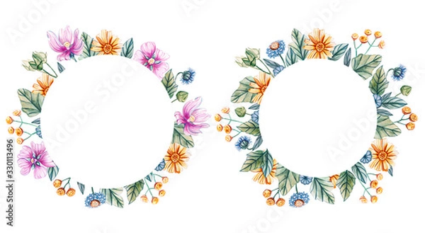 Obraz Round frames with watercolor wildflowers.