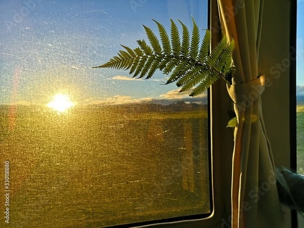 Fototapeta sunset view from the bus window with fern leave in the foreground