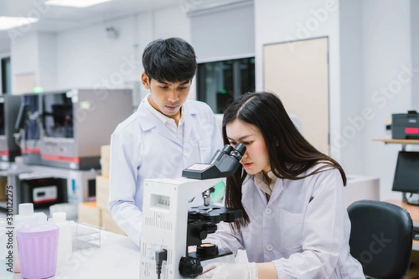 Fototapeta Two  medical  scientist working in Medical laboratory , young female scientist looking at microscope