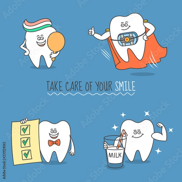 Obraz Teeth cartoon set. Take care of your smile. Tooth with bracket, milk, mirror, and check list. Cute and funny characters for your dentistry design or like a standalone illustration.