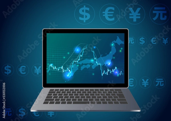 Obraz 急落する株価チャートとノートパソコン・日本地図青色背景イメージ