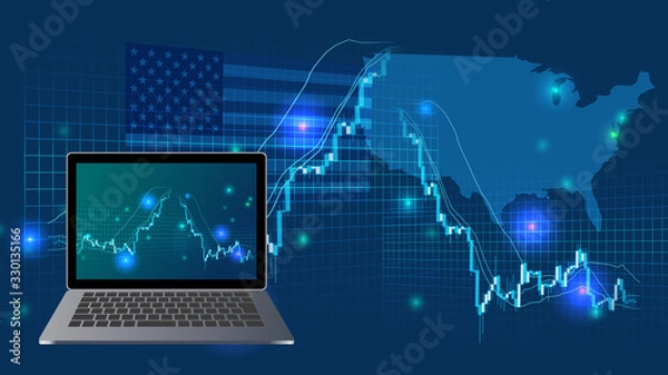 Fototapeta アメリカの高騰急落する株価チャートとノートパソコン青色背景イメージ