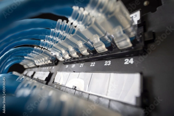 Fototapeta Blue network cable system in network rack
