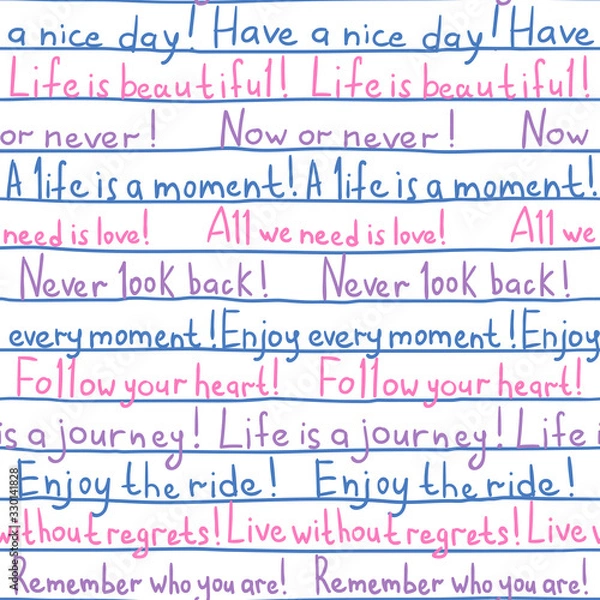 Fototapeta Seamless pattern with optimistic phrases on white sheet of lined paper
