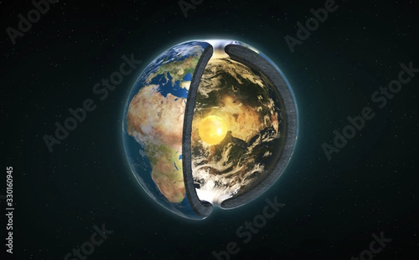 Fototapeta 3D Illustration Rendering. Hollow Earth legendary kingdom Agartha located in the Earth's core with sun. Agharti o Agarta mistery. Charles Hutton, Schiehallion experiment.  