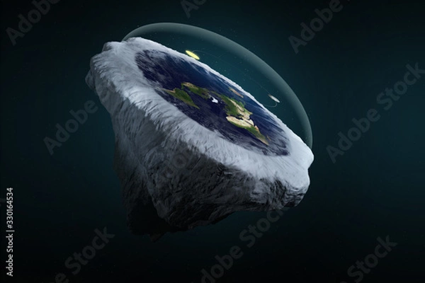 Fototapeta 3D Illustration Rendering. Flat earth theory with atmosphere, sun, moon and glass cover. Ancient mythology belief in plane globe in form of disk. Side View