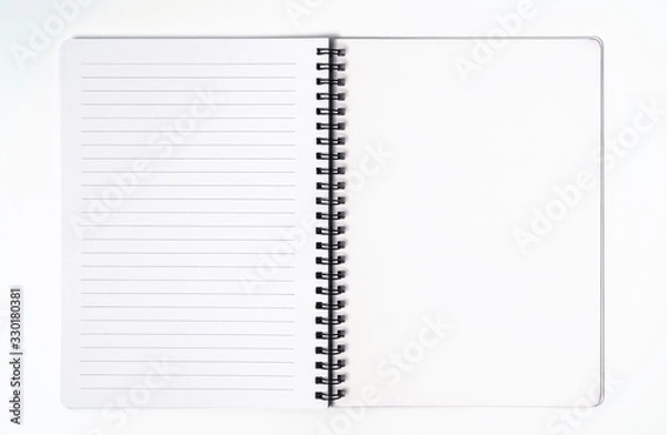 Obraz Business concept - Top view collection of spiral kraft notebook front, purple And white open page isolated on background for mockup