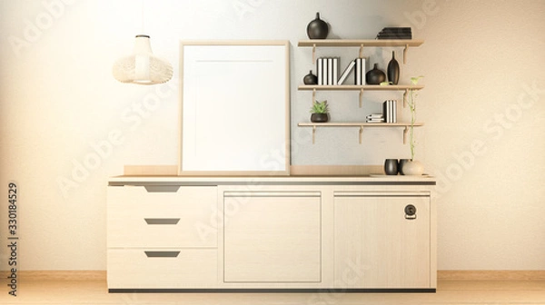 Fototapeta Kitchen room scene mock up with wooden counter kitchen and decoration on white room empty wall.3D rendering