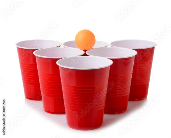 Fototapeta Red plastic cups set up for a game of Beer Pong