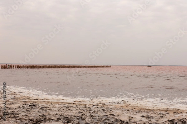 Fototapeta Panorama of an abandoned salt mine on a pink lake.