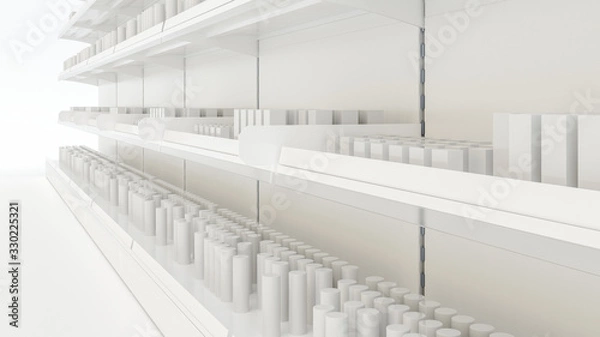 Fototapeta 3D image of supermarket grocery shelving mockup in close up view with simple objects of products, stoppers, woblers, shelf talkers and place for shelf tape