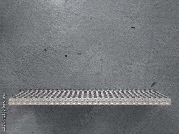 Fototapeta Empty Diamond metal plate shelf. 3d render mockup image with front view on gray concrete background