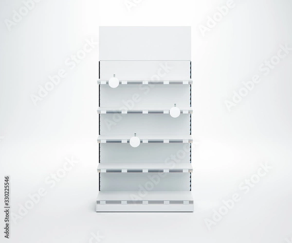 Obraz 3D image of front view white blank showcase display shelves with topper, wobler, price tags staying on isolated white background