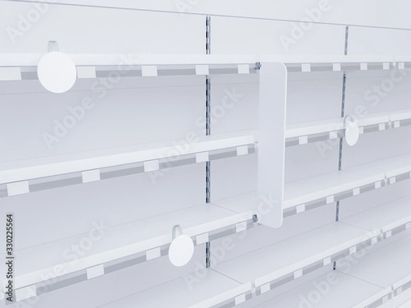 Fototapeta 3D image of supermarket grocery shelving mockup in close up view with stoppers, woblers, shelf talkers and place for shelf tape