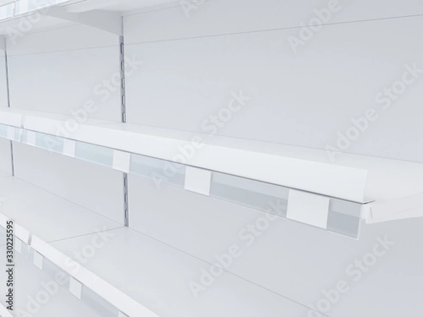 Fototapeta 3D image of supermarket grocery shelving mockup in close up view with shelf talkers, price tags and place for shelf tape