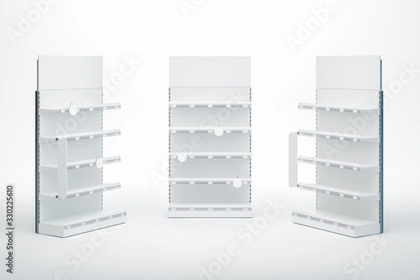 Fototapeta 3D image set of grocery retail shelving with different staying angle and with toppers, stoppers, wobblers and shelf talkers with price tags on isolated background