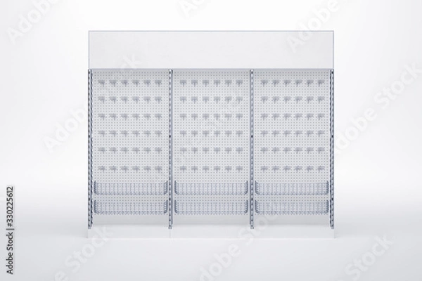 Fototapeta 3D image of grocery shelves racks with hooks and metal grid basket for instruments and other products. Also it has topper.
