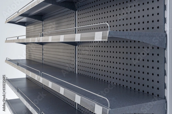 Fototapeta 3D image of supermarket grocery black shelving mockup in close up view with shelf talkers, shelf protection, price tags and place for shelf tape