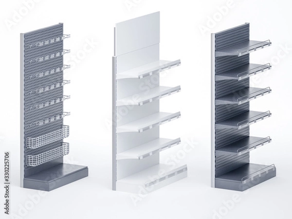 Fototapeta 3D image set of three shelving with different equipment: toppers, hooks, shelf talkers and price tags on isolated white backgrounds