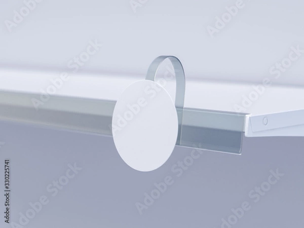 Fototapeta 3D image close up view of grocery retail wobbler in focus on the shelf with shelf talker