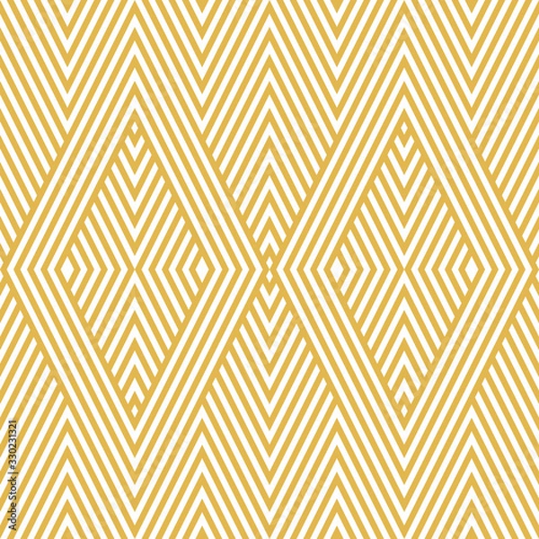Fototapeta Vector geometric lines pattern. Golden seamless texture with stripes, diagonal lines, rhombuses. Abstract geometry. Stylish modern graphic design. White and gold background. Trendy decorative design