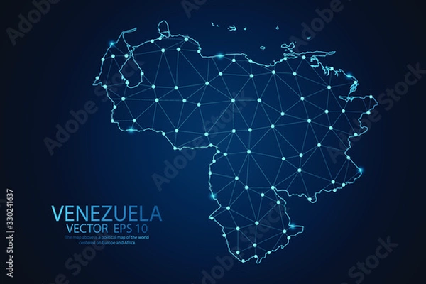 Fototapeta Abstract mash line and point scales on dark background with map of Venezuela. Wire frame 3D mesh polygonal network line, design sphere, dot and structure. Vector illustration eps 10.