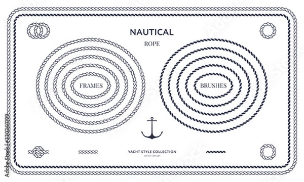 Obraz Nautical rope frames and bordes set. Yacht style design. Vintage decorative elements. Template for prints, cards, fabrics, covers, flyers, menus, banners, posters and placard. Vector illustration. 