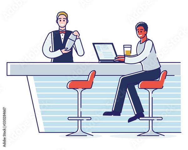 Fototapeta Concept Of Spending Time In A Bar. Man Is Having A Good Time Working Remotely On Laptop At A Bar Counter. Man Bartender Professionally Make A Cocktail. Cartoon Outline Linear Flat Vector Illustration