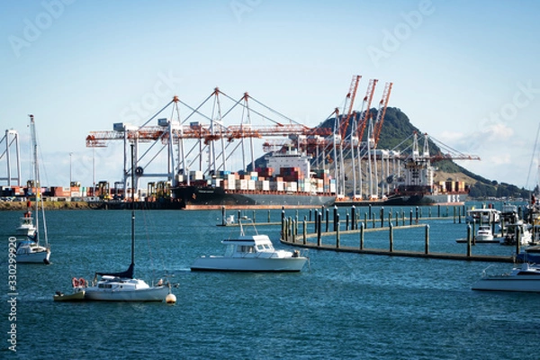 Fototapeta TAURANGA, NEW ZEALAND - MARCH 6, 2020: Cargo ships docked into Tauranga Harbour Port waiting for the adjacent container cranes to load. Mount Maunganui in the background.