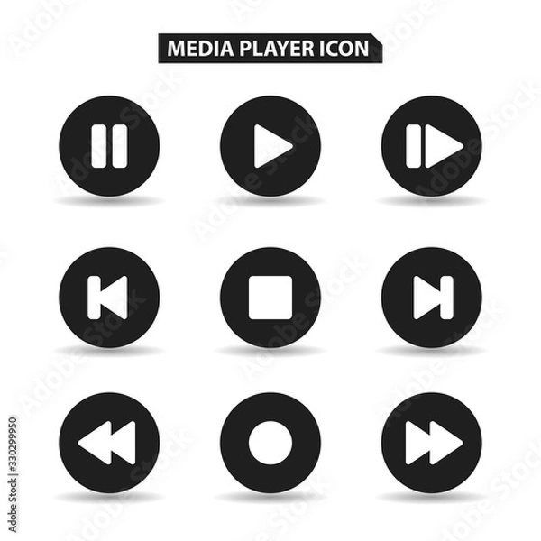 Fototapeta Set of media buttons icons. Black round musical buttons isolated on white background. Vector Template.