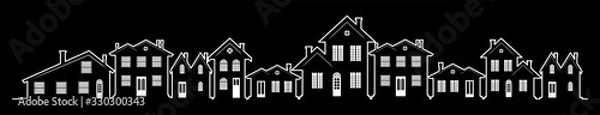 Obraz A charming street in the U.S. with houses of different design and architecture. Many options of windows and doors. A header for a website or an article about real estate. A wide panorama.