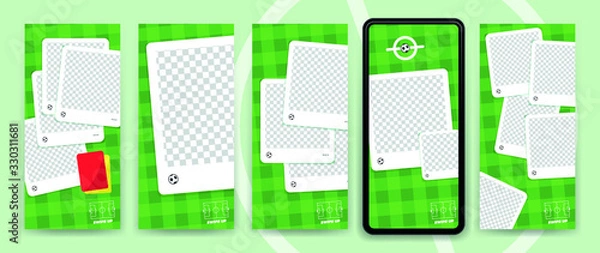 Fototapeta Football / Soccer instagram stories template to reporting live scores. Trendy flat vector on green background.