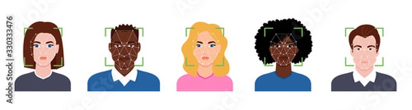 Obraz Facial recognition technology. Faces of people scanned on screen.